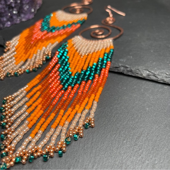 Artisan Jewelry - REDUCED Hammered Copper Hoops With Long Orange Teal Glass Beaded Fringe Earrings